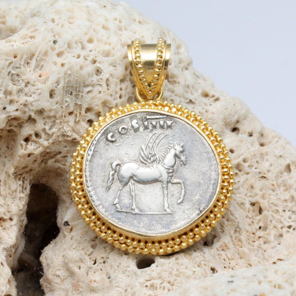 An interesting authentic silver denarius from the realm of the Roman Emperor Domitian in 81-96 AD features Pegasus raising its left foreleg.  The opposite side depicts the Emperor in side profile.  Even though Pegasus was initially a Greek myth, the