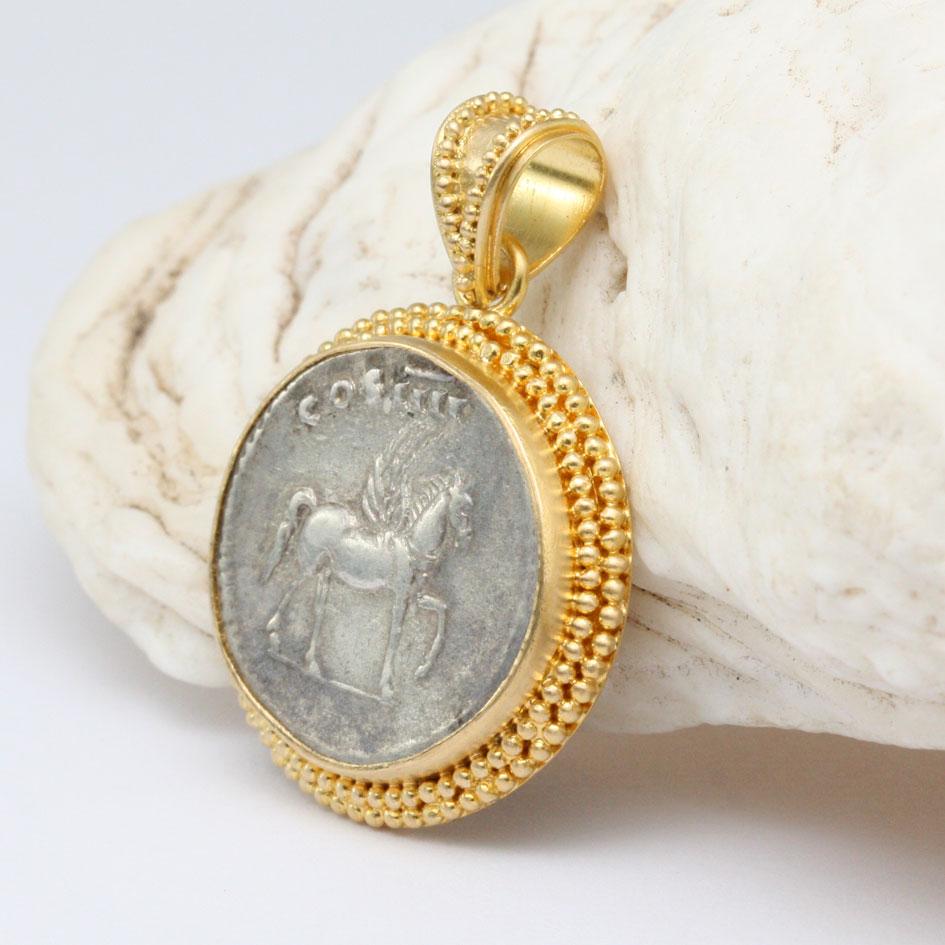 Classical Roman Ancient Roman 1st Century AD Pegasus Silver Denarius 18K Gold Pendant