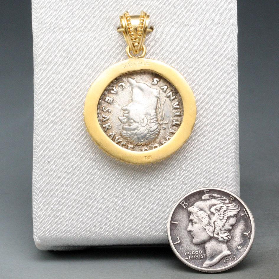 Women's or Men's Ancient Roman 1st Century AD Pegasus Silver Denarius 18K Gold Pendant