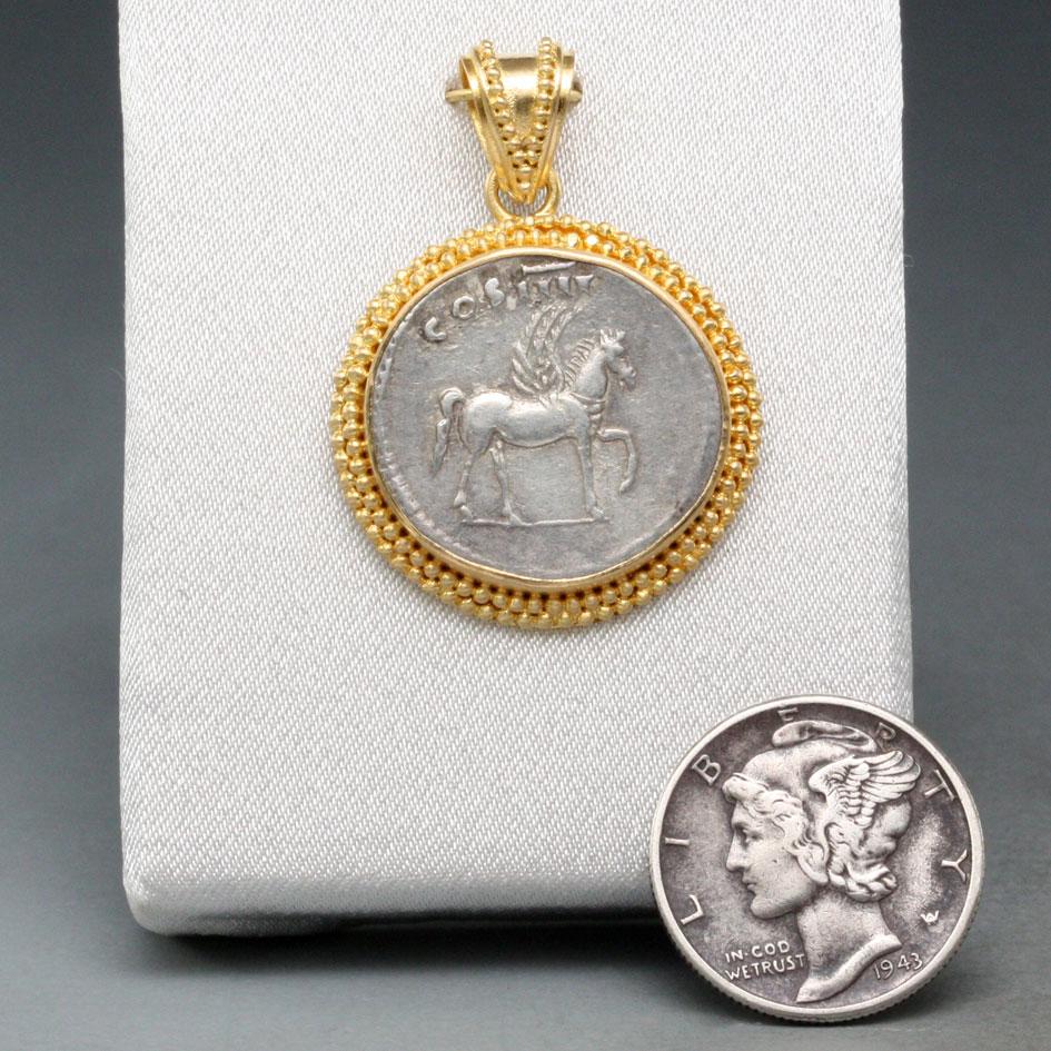 Ancient Roman 1st Century AD Pegasus Silver Denarius 18K Gold Pendant 1