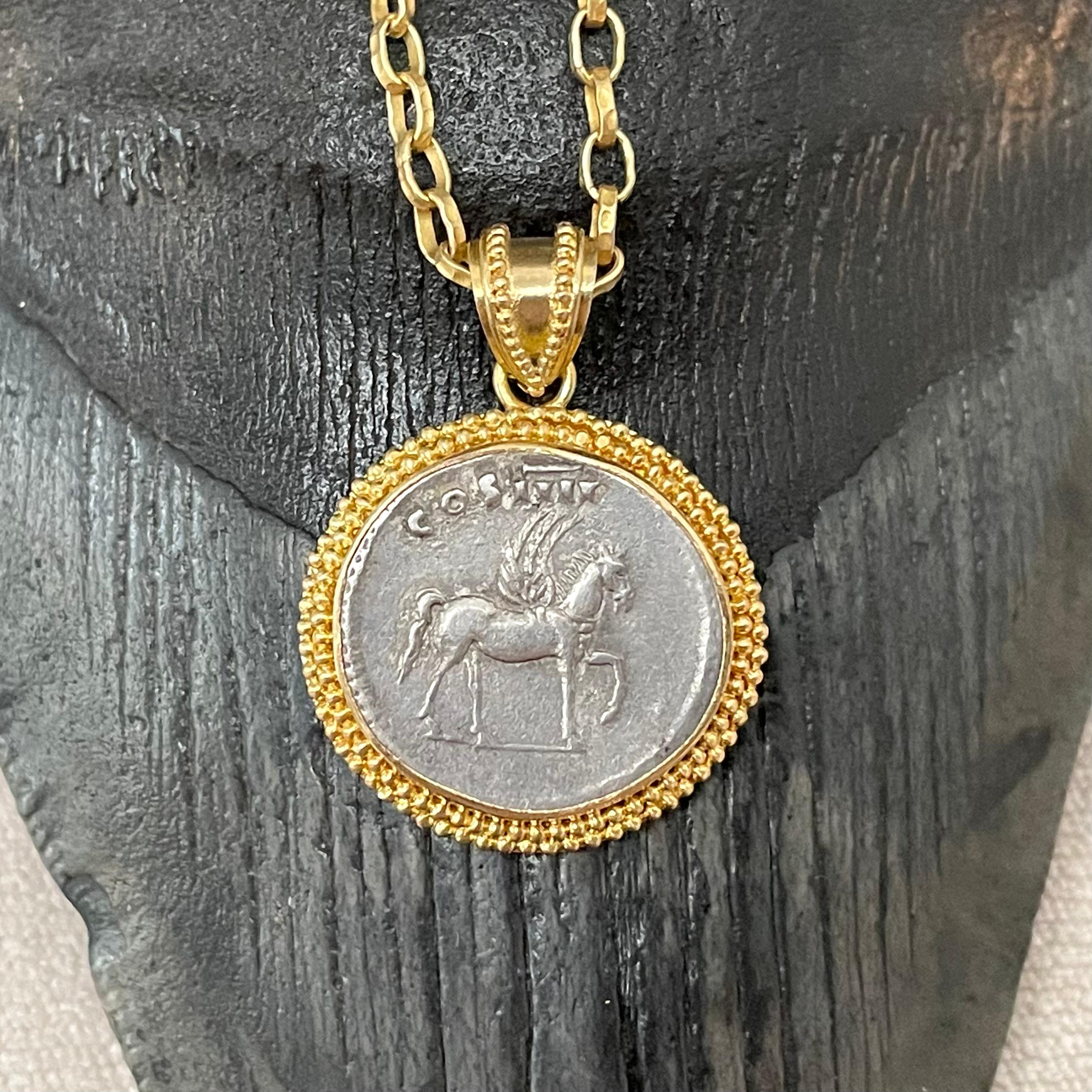 Ancient Roman 1st Century AD Pegasus Silver Denarius 18K Gold Pendant 2