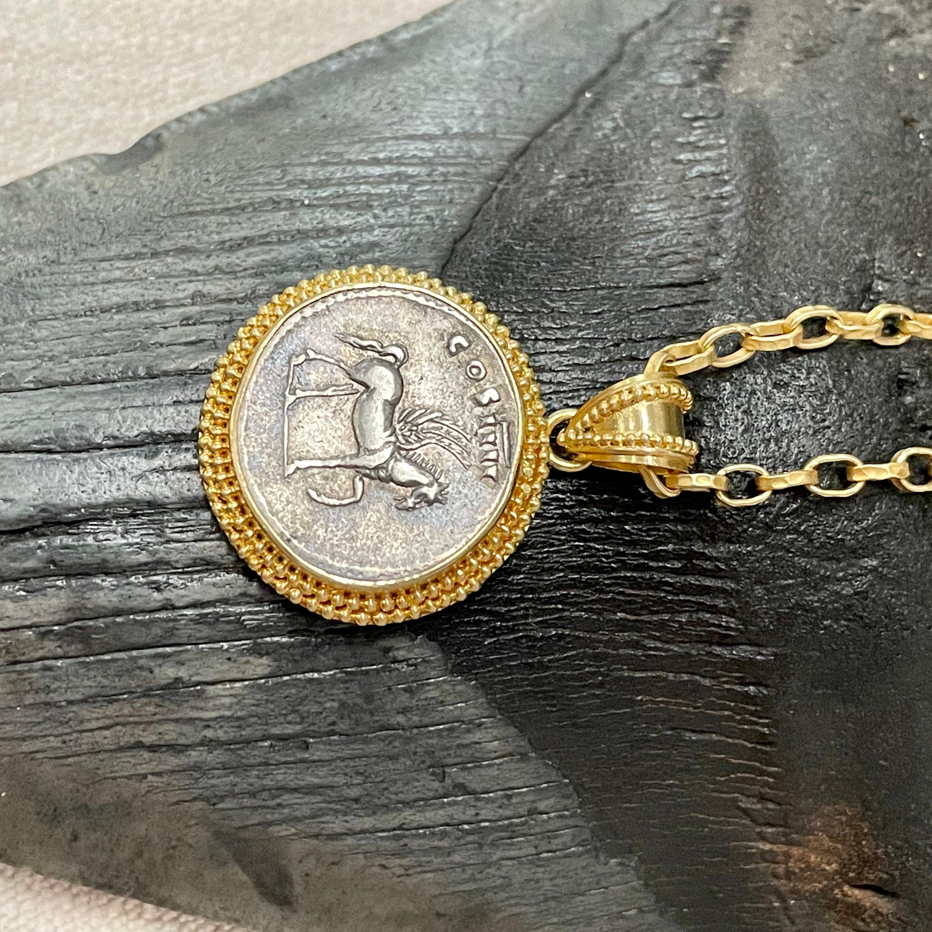 Ancient Roman 1st Century AD Pegasus Silver Denarius 18K Gold Pendant 4