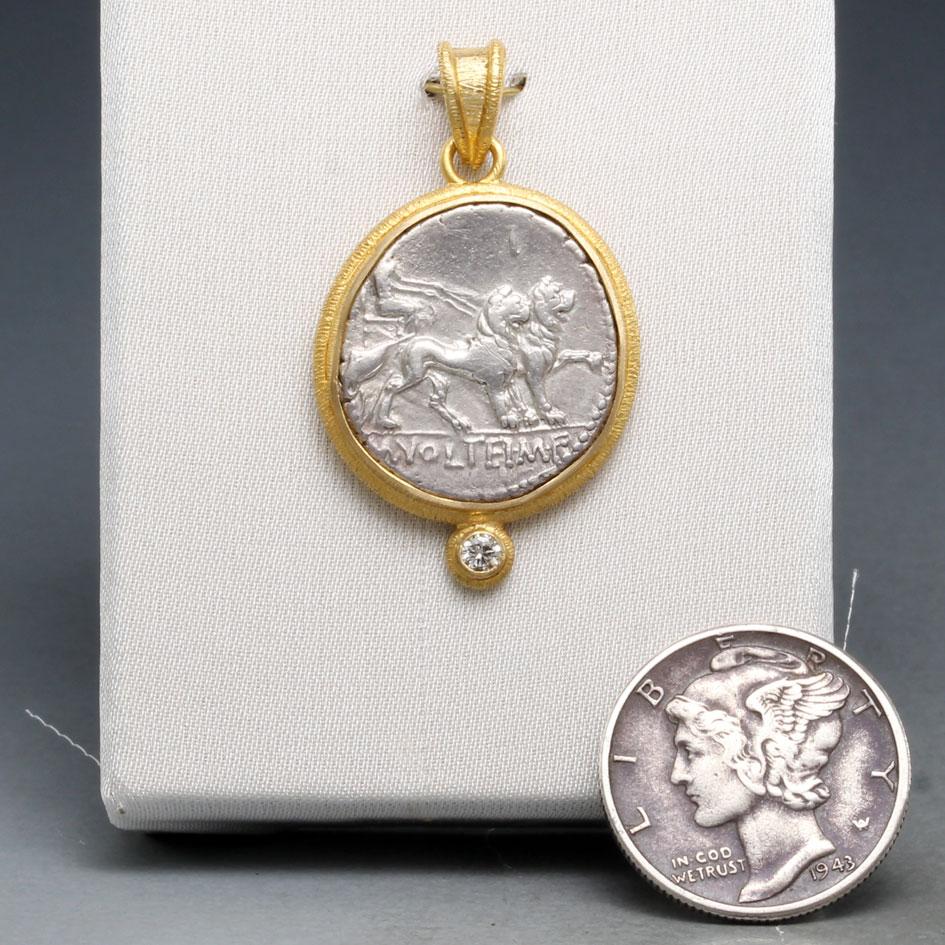 Classical Greek Ancient Roman 1st Century BC Cybele Chariot Lions Coin Diamond 18K Gold Pendant For Sale