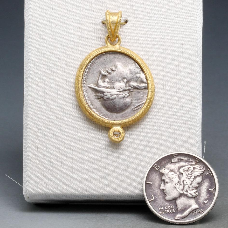 Rose Cut Ancient Roman 1st Century BC Cybele Chariot Lions Coin Diamond 18K Gold Pendant For Sale