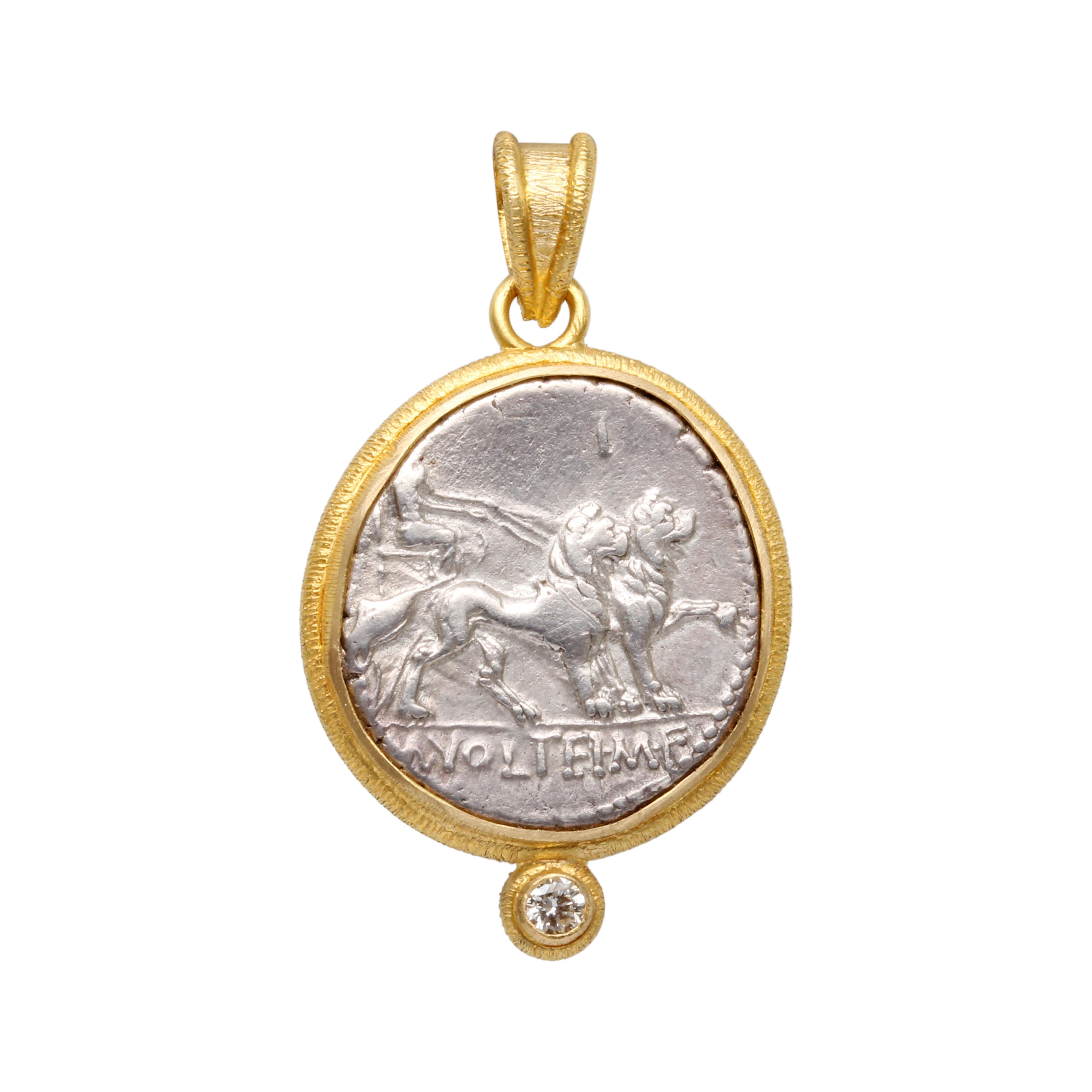 Women's or Men's Ancient Roman 1st Century BC Cybele Chariot Lions Coin Diamond 18K Gold Pendant For Sale