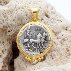 Ancient Roman 1st Century BC Goddess Cybele Lions Coin Diamond 18K Gold Pendant