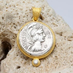 Ancient Roman 1st Century BC Goddess Vacuna Coin Diamond 18K Gold Pendant
