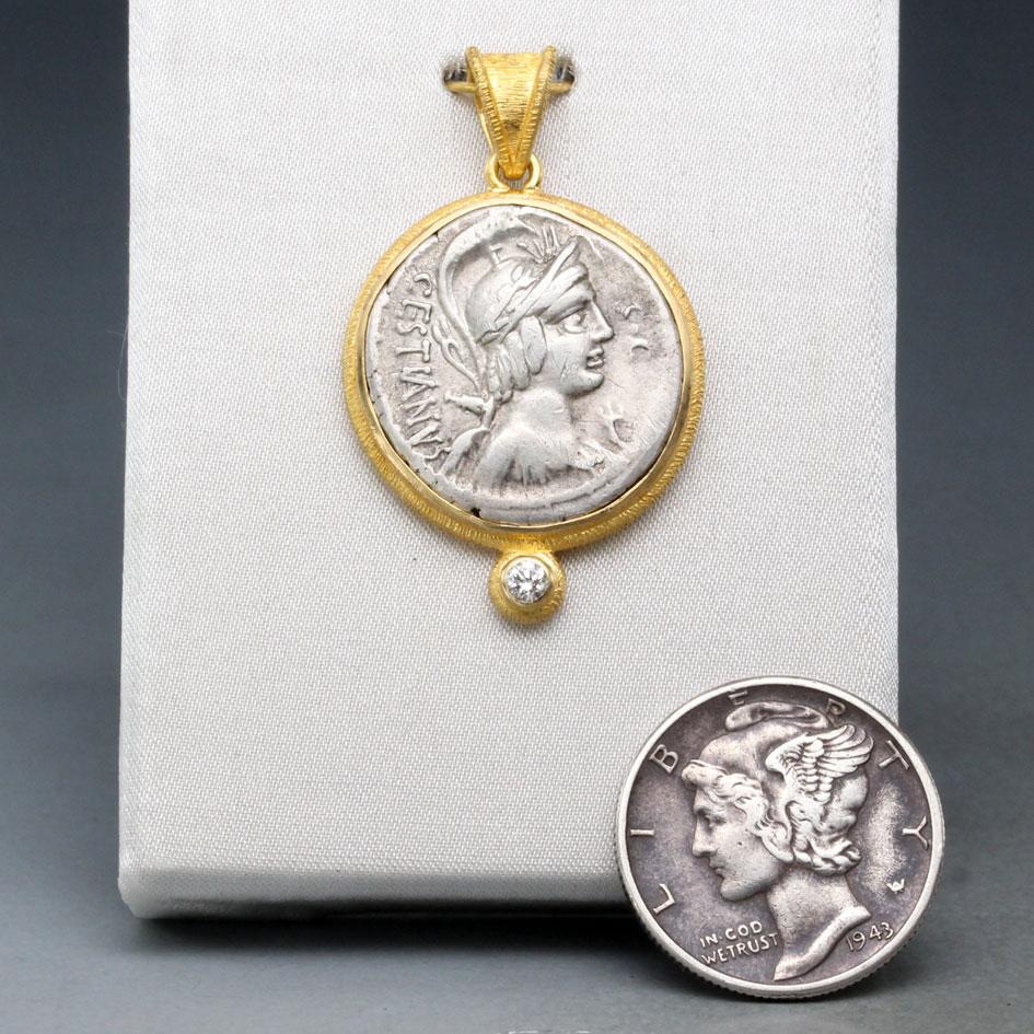 Rose Cut Ancient Roman 1st Century BC Goddess Vacuna Coin Diamond 18K Gold Pendant For Sale