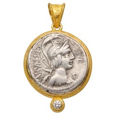 Ancient Roman 1st Century BC Goddess Vacuna Coin Diamond 18K Gold Pendant