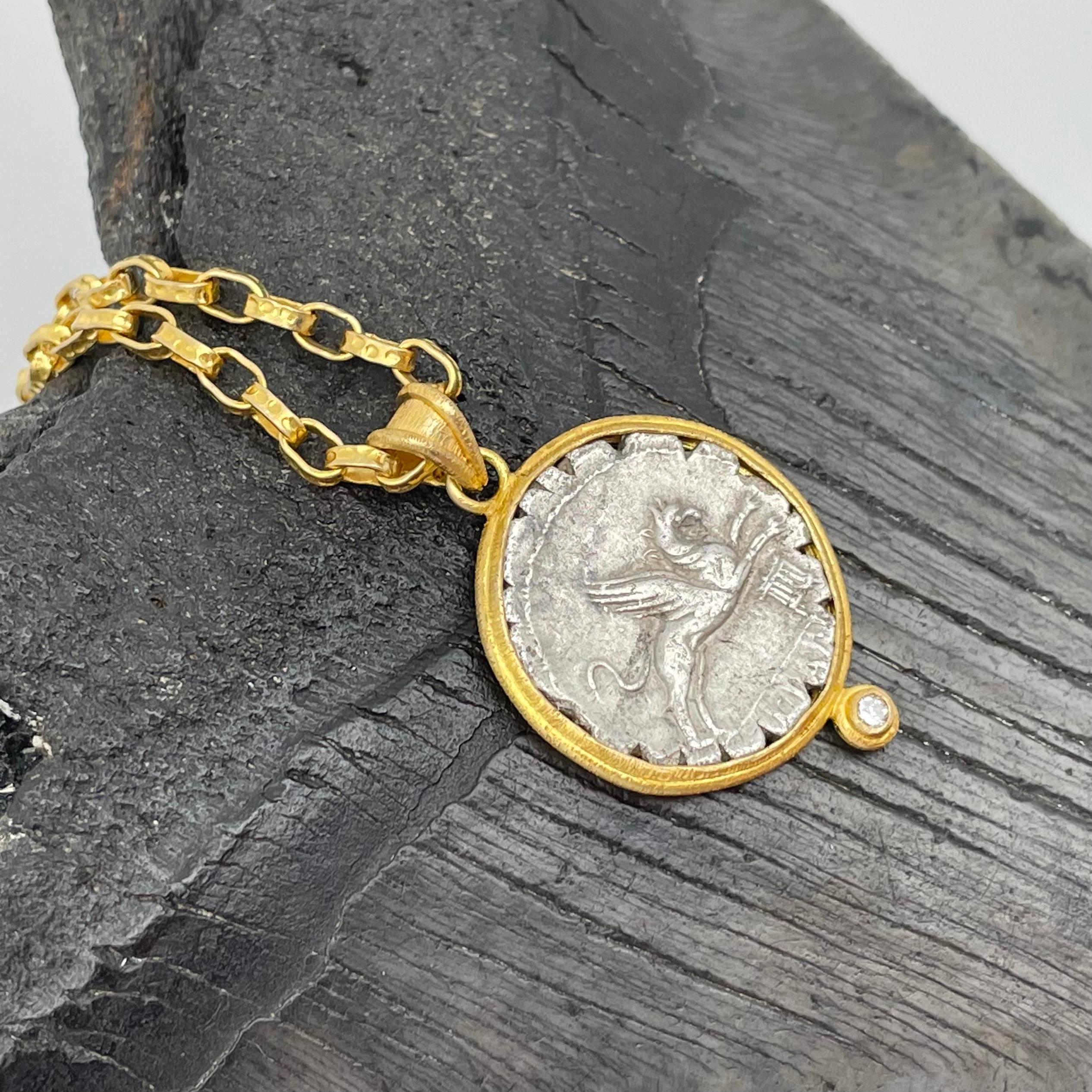 Rose Cut Ancient Roman 1st Century BC Griffin Coin Diamond 18K Gold Pendant 20 Inch Chain