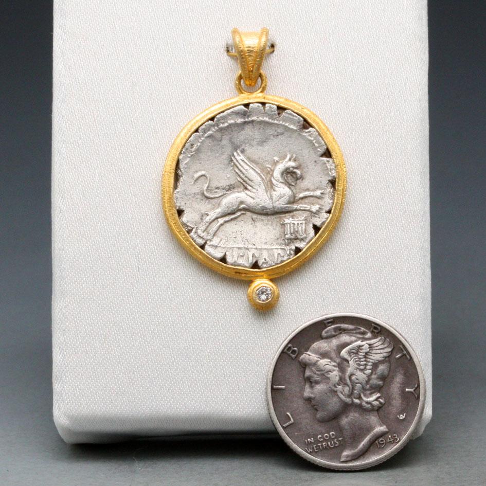 Classical Roman Ancient Roman 1st Century BC Griffin Coin Diamond 18K Gold Pendant 20 Inch Chain