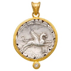 Ancient Roman 1st Century BC Griffin Coin Diamond 18K Gold Pendant 20 Inch Chain