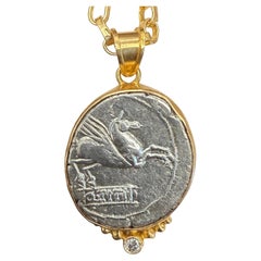 Ancient Roman 1st Century BC Pegasus Coin Diamond 18K Gold Pendant
