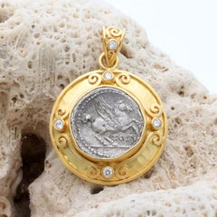 Antike römische 1. Jahrhundert v. Chr. Pegasus Münze Diamanten 18K Gold-Anhänger