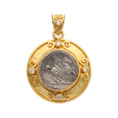 Ancient Roman 1st Century BC Pegasus Coin Diamonds 18K Gold Pendant