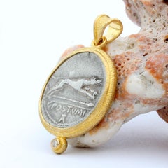 Ancient Roman 1st Century BC Running Hound Coin Diamond 18K Gold Pendant