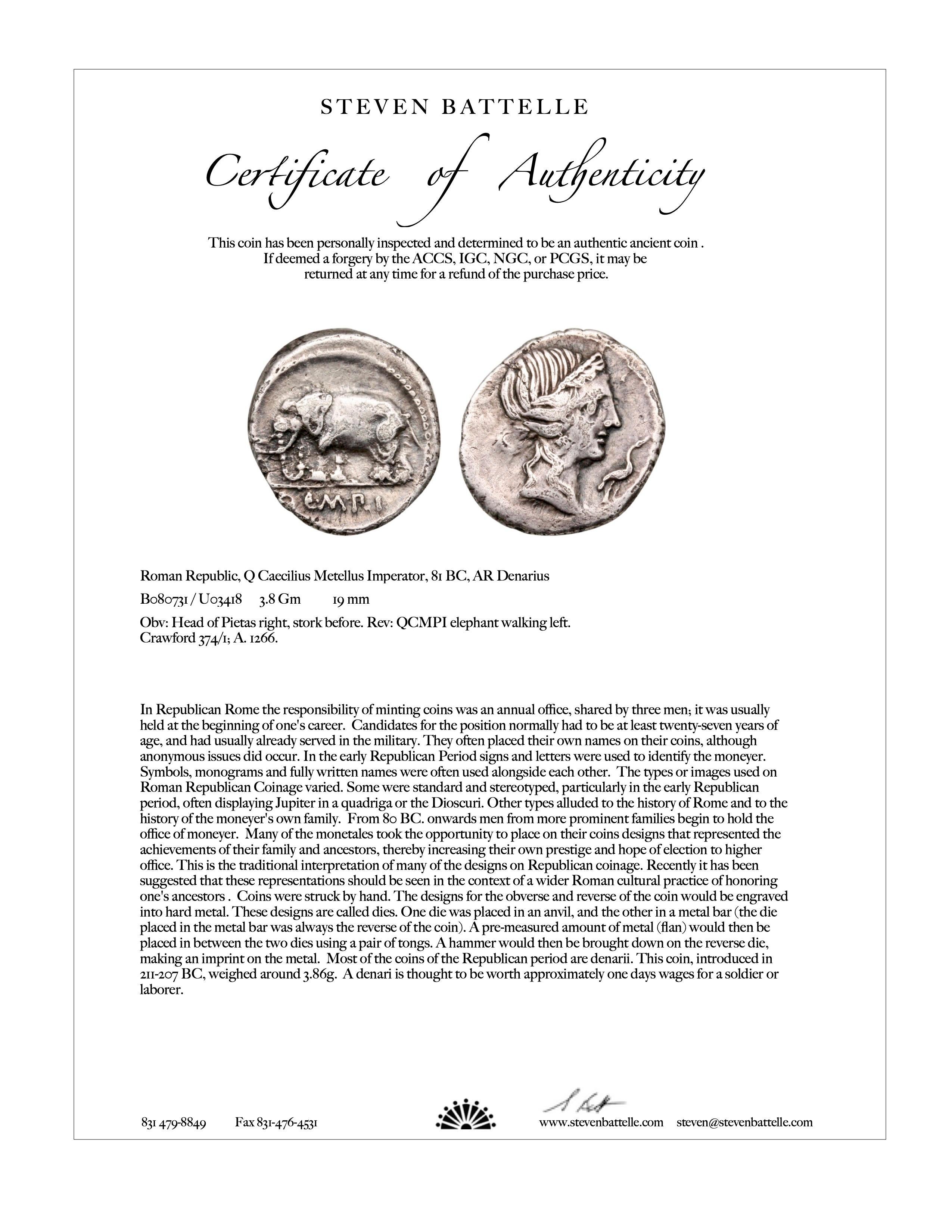 Ancien pendentif romain du 1er siècle avant J.-C. en argent avec pièce d'éléphant et diamant en or 18K 6