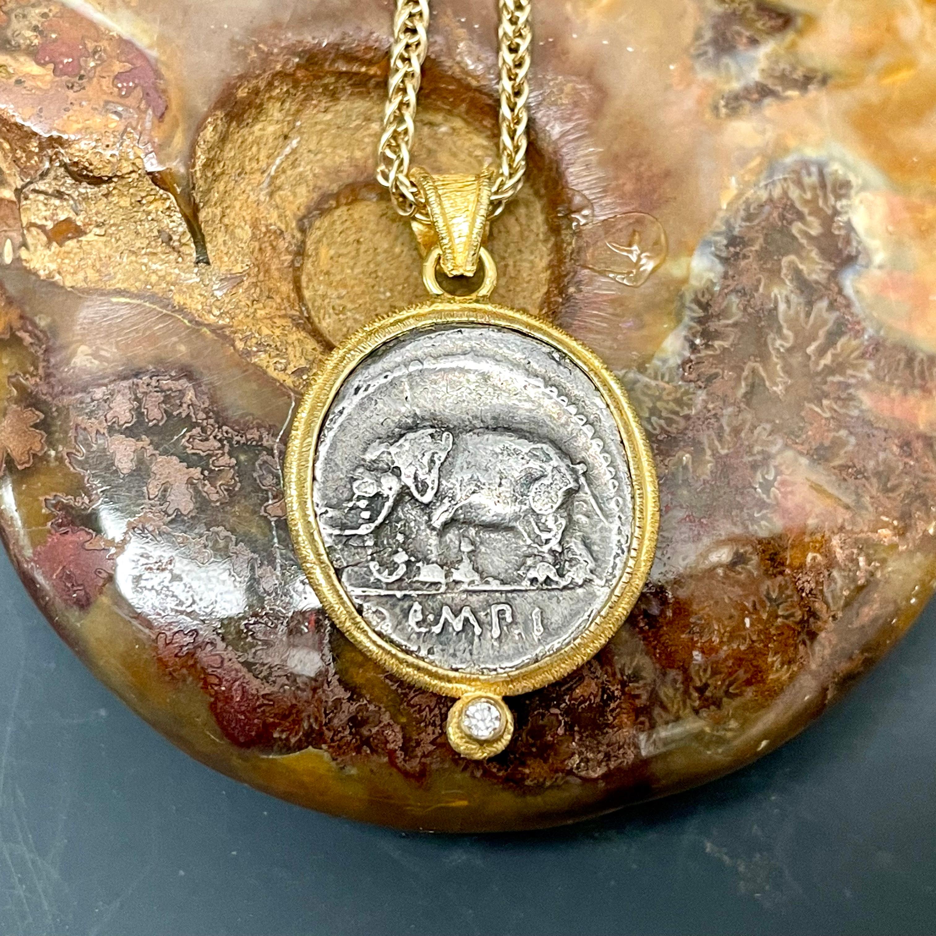 Classical Roman Ancient Roman 1st Century BC Silver Elephant Coin 18K Gold Diamond Pendant For Sale