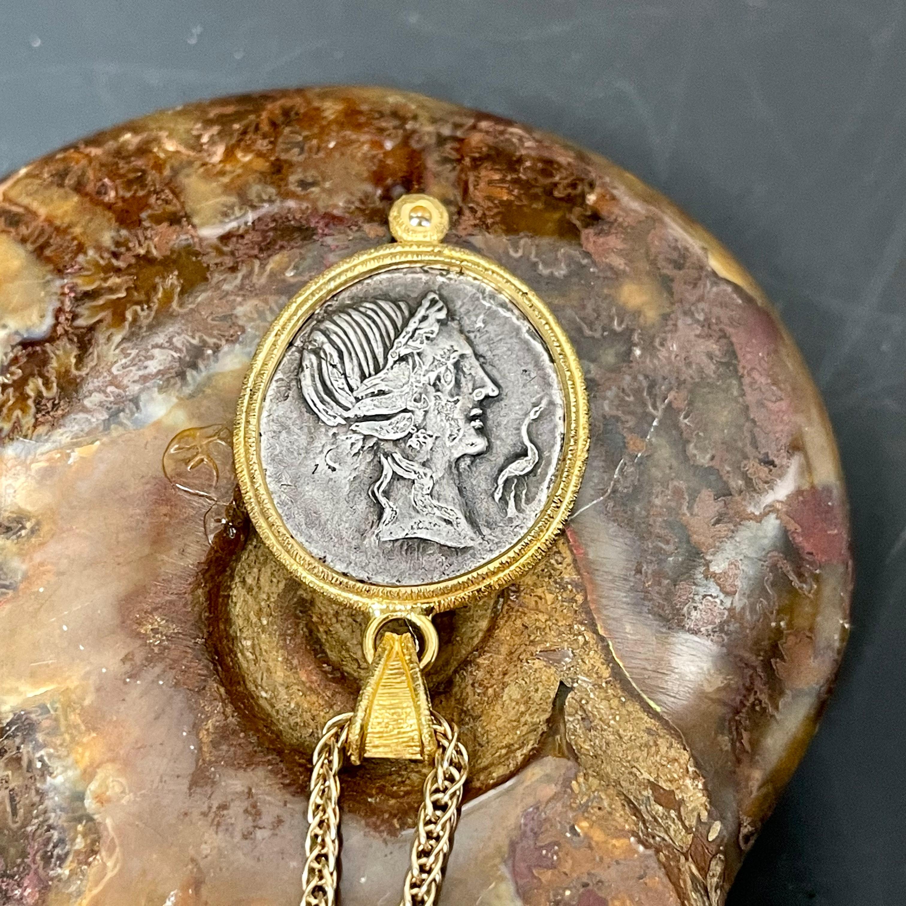 Women's or Men's Ancient Roman 1st Century BC Silver Elephant Coin 18K Gold Diamond Pendant For Sale