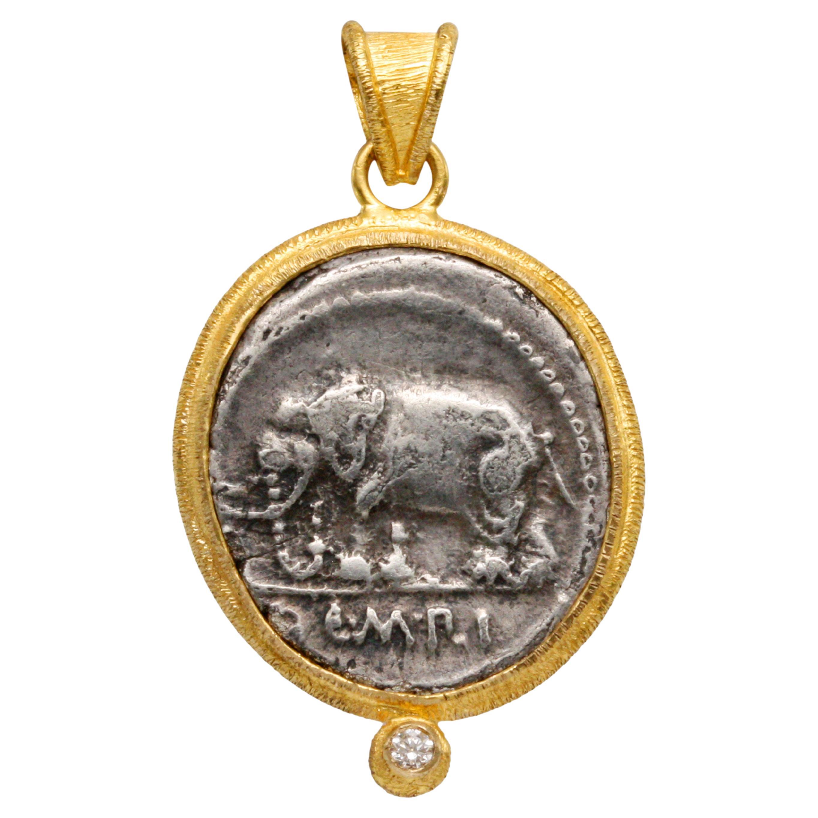 Ancient Roman 1st Century BC Silver Elephant Coin 18K Gold Diamond Pendant For Sale