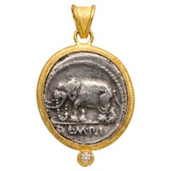 Ancient Roman 1st Century BC Silver Elephant Coin 18K Gold Diamond Pendant
