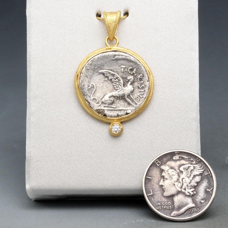 The Romans were fascinated by the amazing monuments and imagery of ancient Egypt, and so incorporated an image of a sphinx into a unique authentic silver 