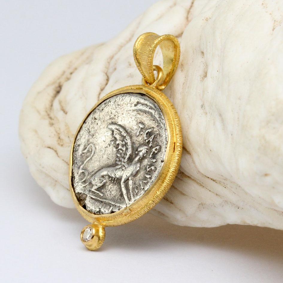 Classical Roman Ancient Roman 1st Century BC Sphinx Coin Diamond 18K Gold Pendant