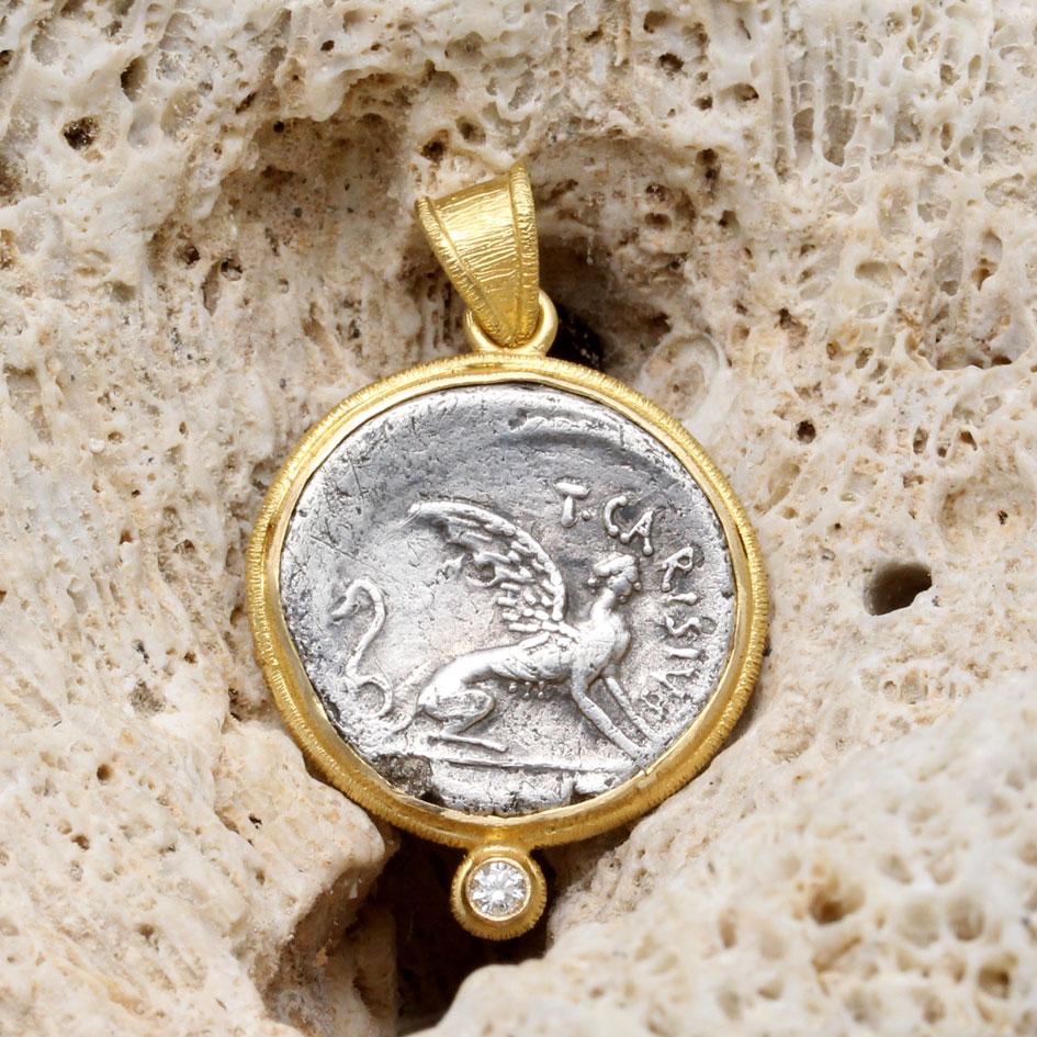 Rose Cut Ancient Roman 1st Century BC Sphinx Coin Diamond 18K Gold Pendant
