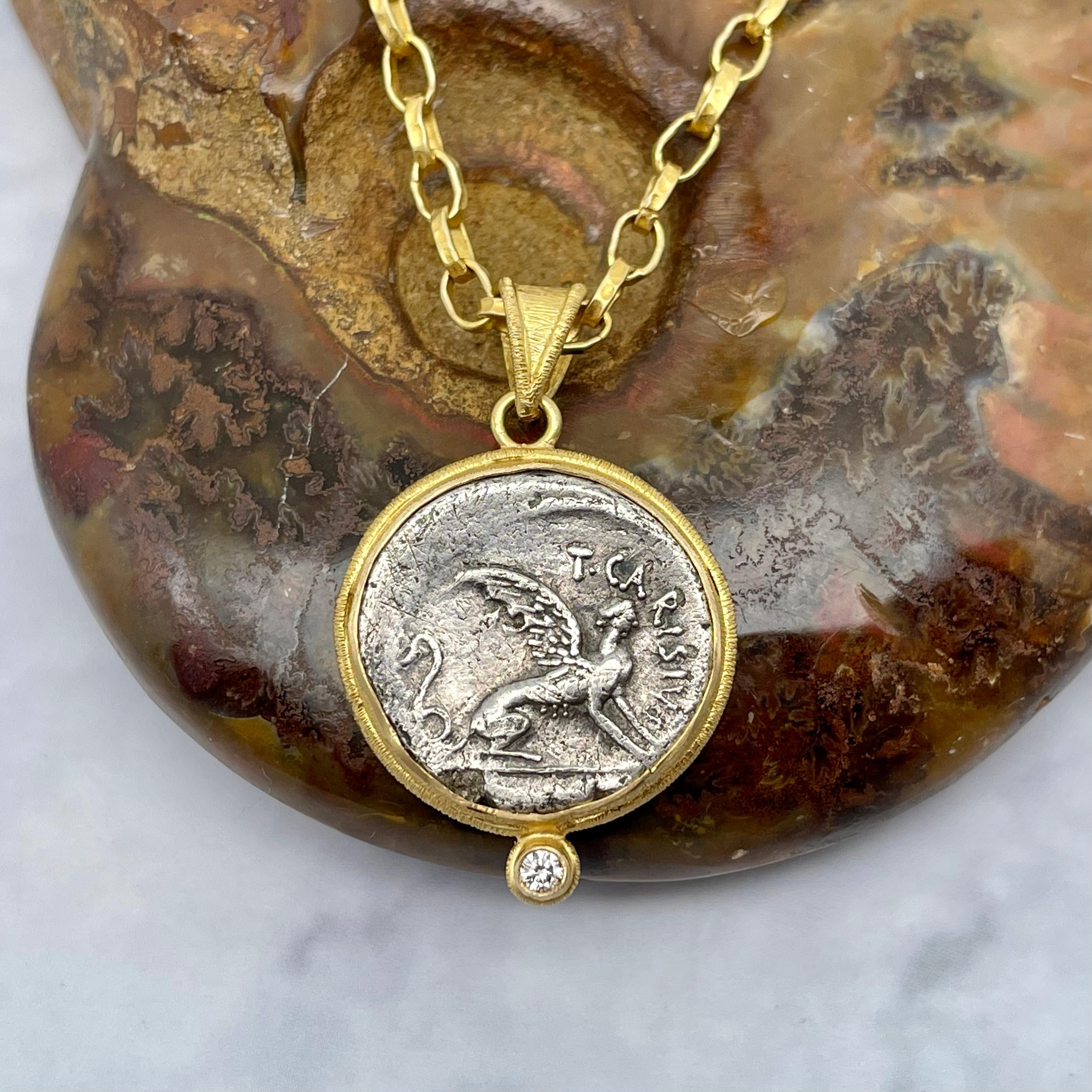 Women's or Men's Ancient Roman 1st Century BC Sphinx Coin Diamond 18K Gold Pendant