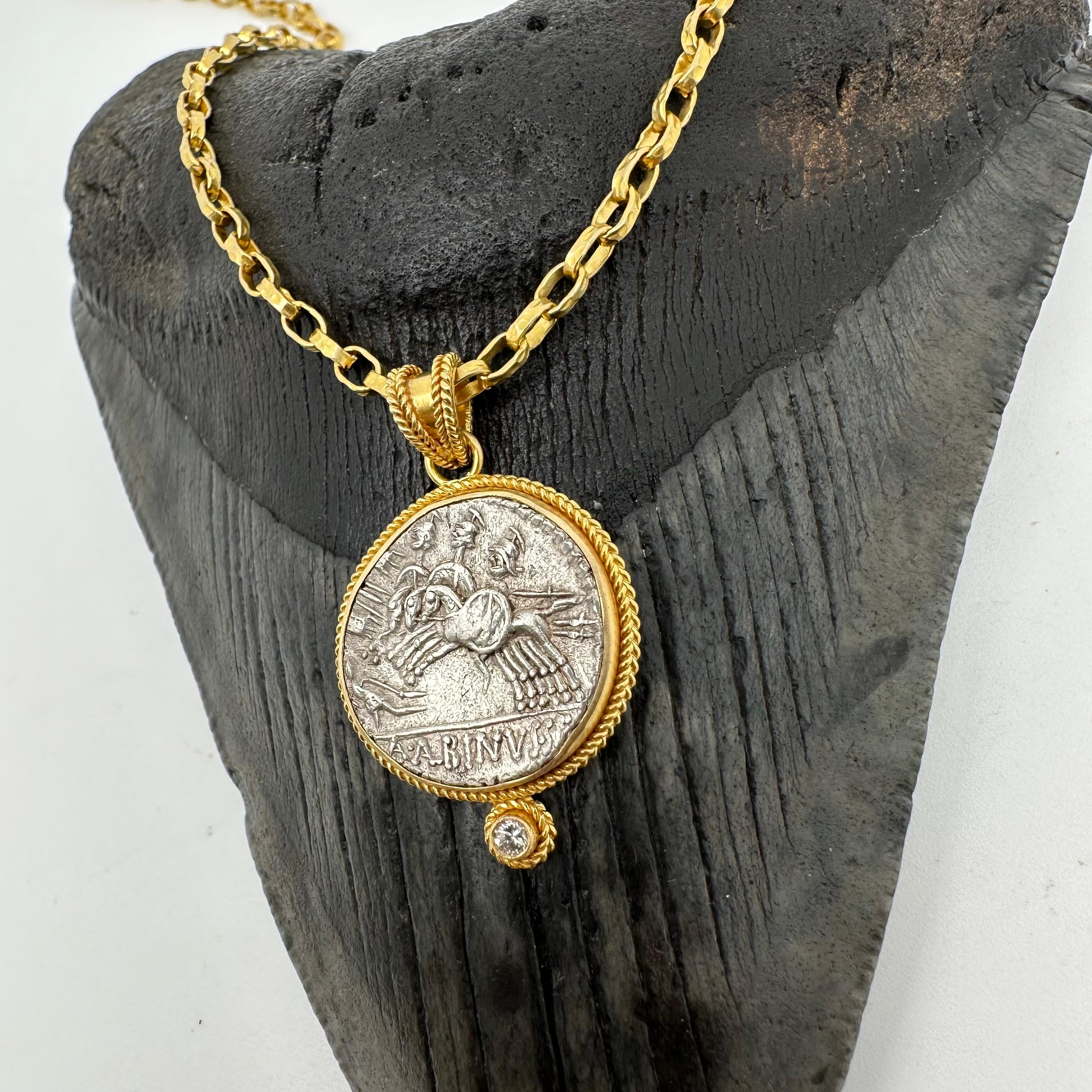 Ancient Roman 1st Century BC Three Horseman Coin Diamond 18K Gold Pendant For Sale 7