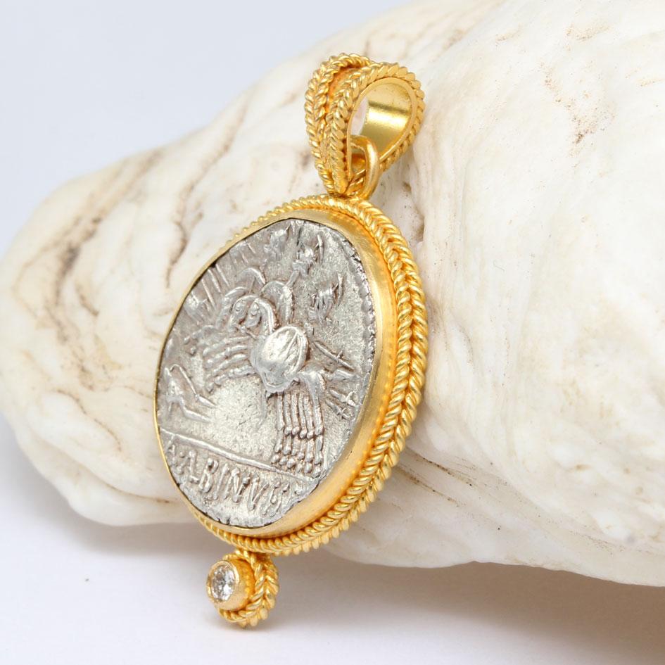 Rose Cut Ancient Roman 1st Century BC Three Horseman Coin Diamond 18K Gold Pendant For Sale