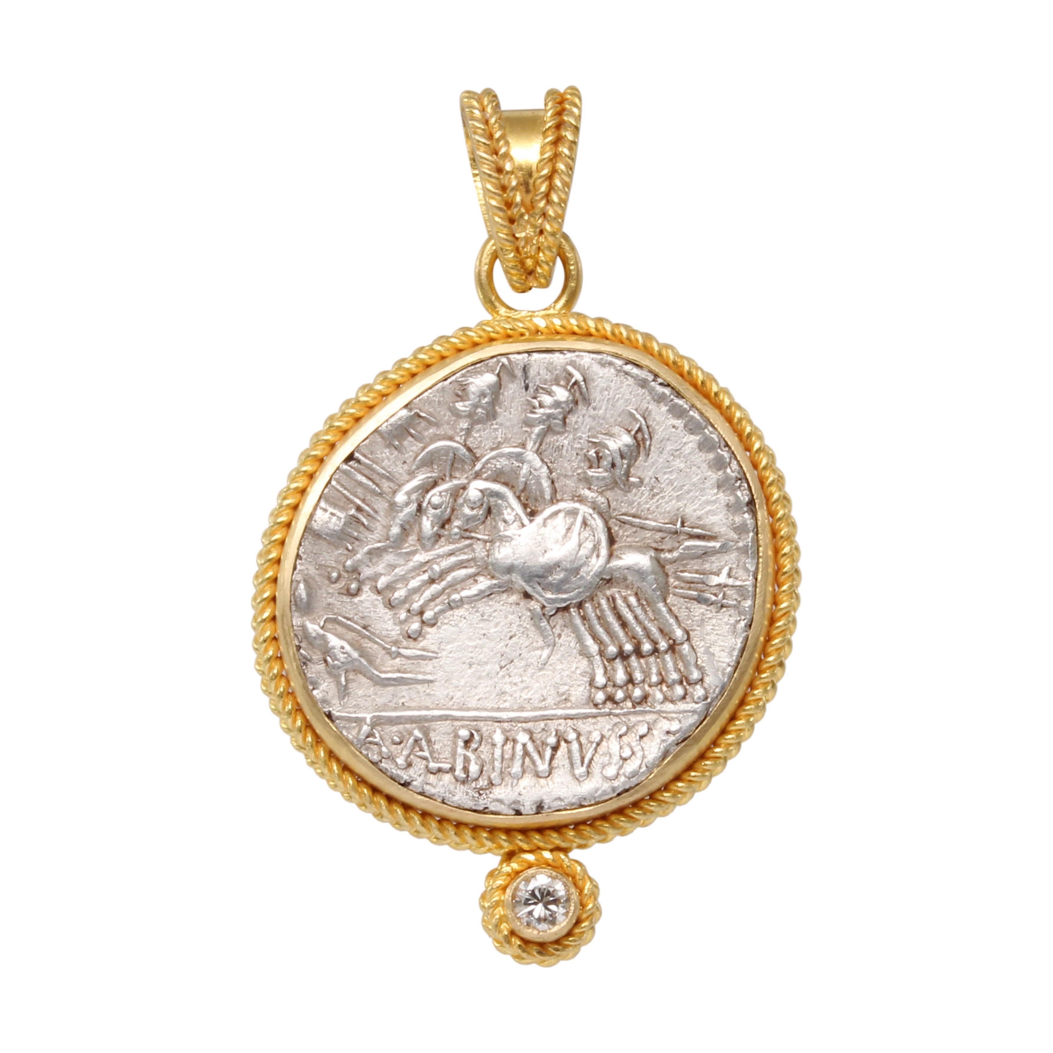 Women's or Men's Ancient Roman 1st Century BC Three Horseman Coin Diamond 18K Gold Pendant For Sale