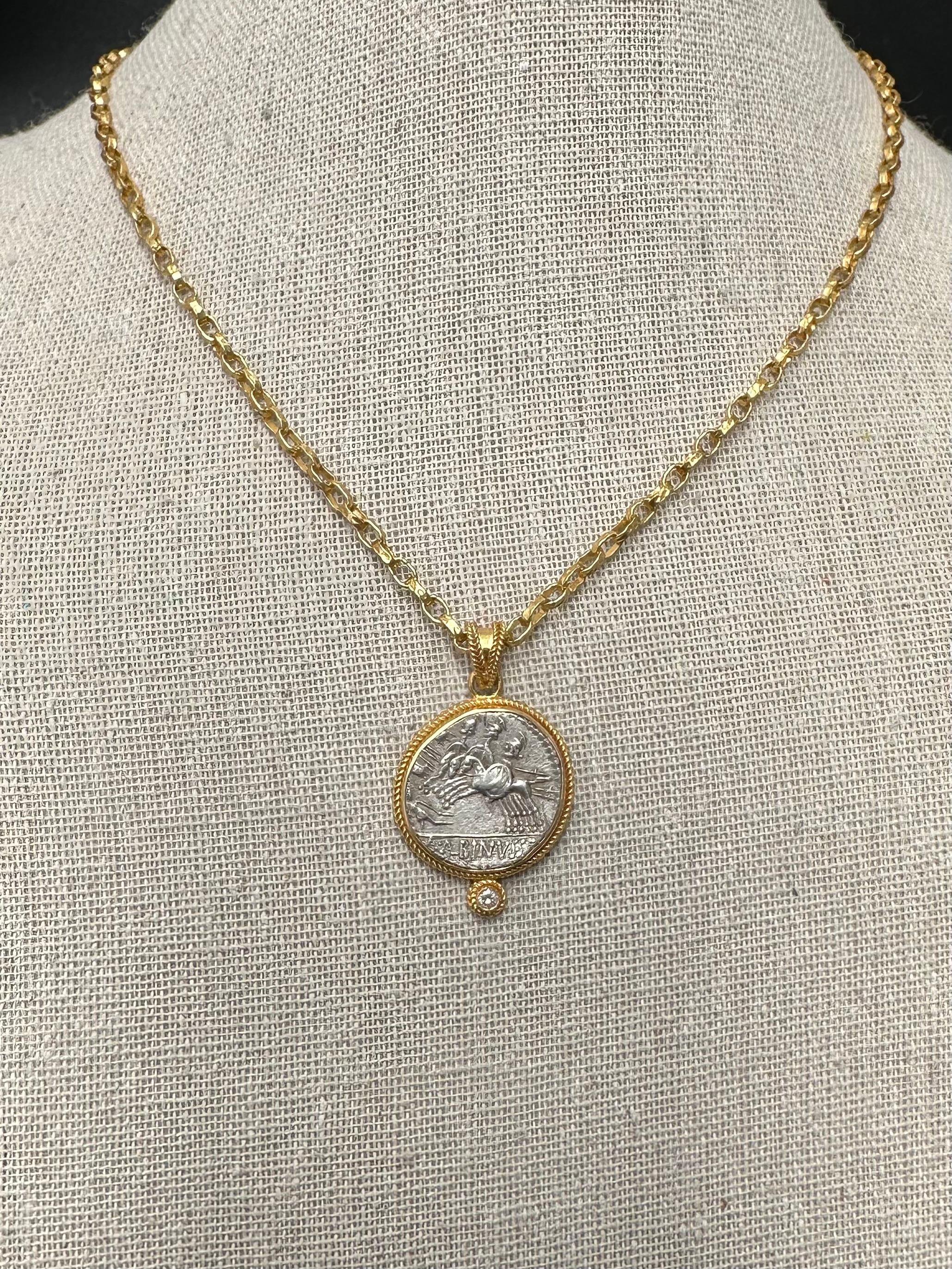 Ancient Roman 1st Century BC Three Horseman Coin Diamond 18K Gold Pendant For Sale 1