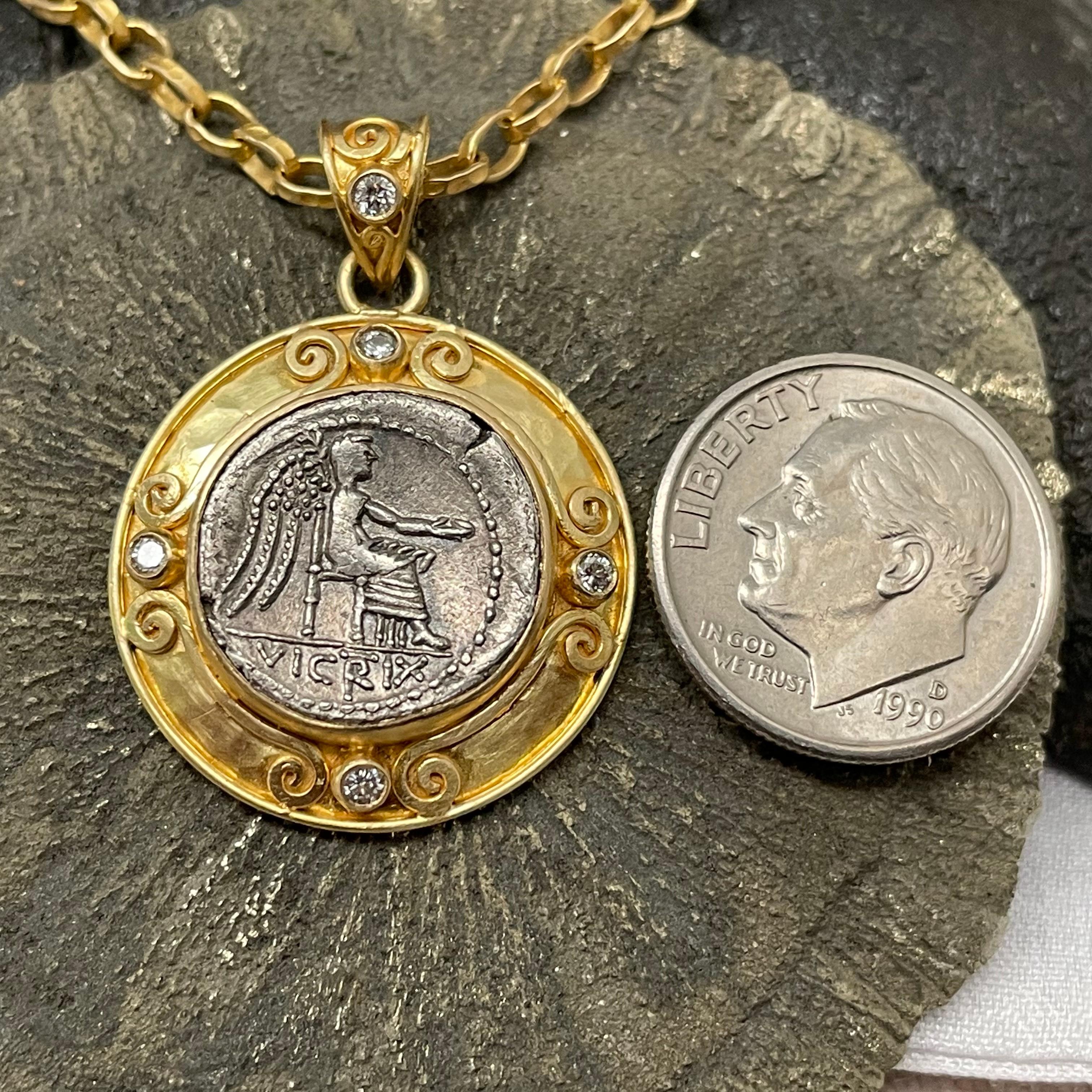 Ancient Roman 1st Century BC Victoria Coin Diamonds 18K Gold Pendant For Sale 7