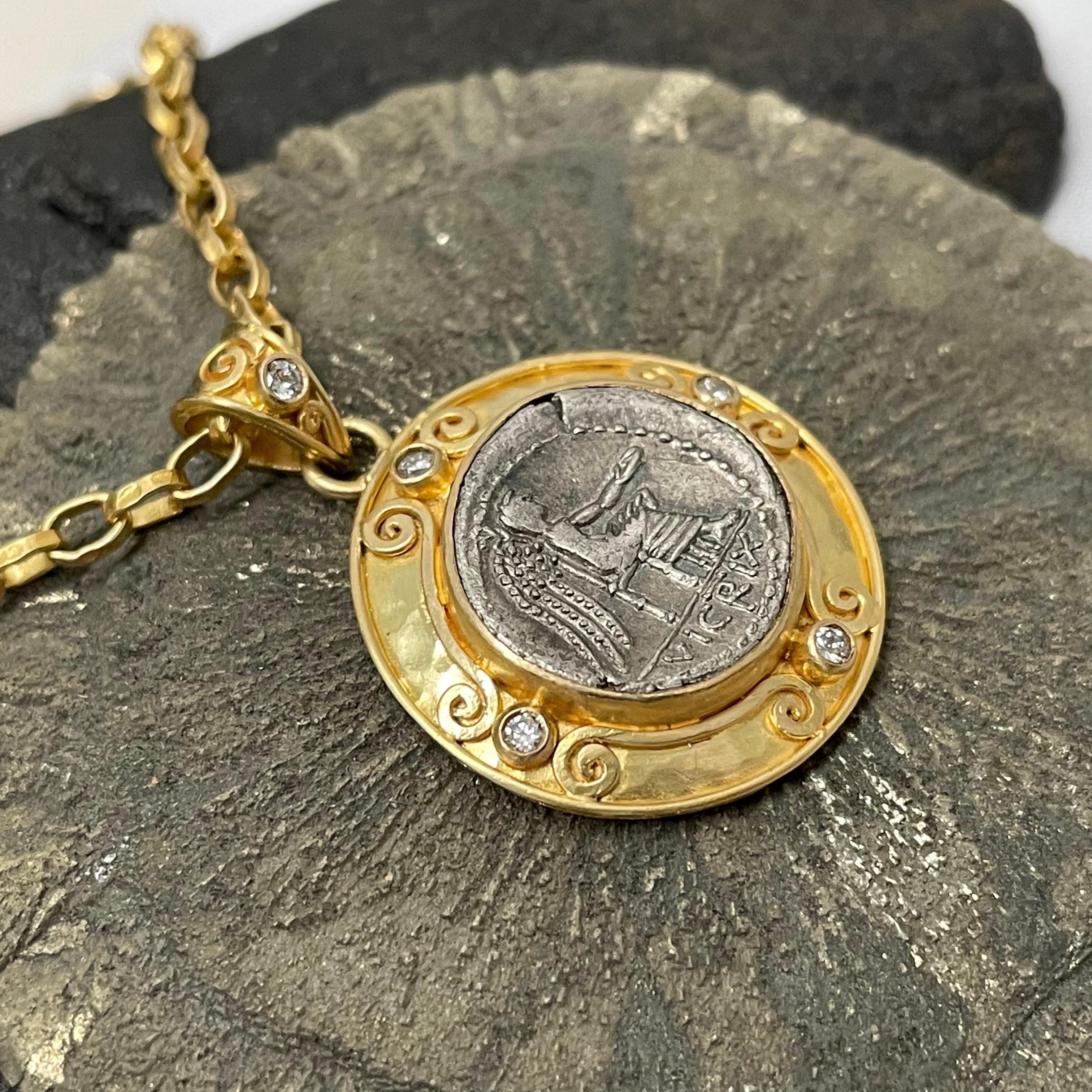 Rose Cut Ancient Roman 1st Century BC Victoria Coin Diamonds 18K Gold Pendant For Sale