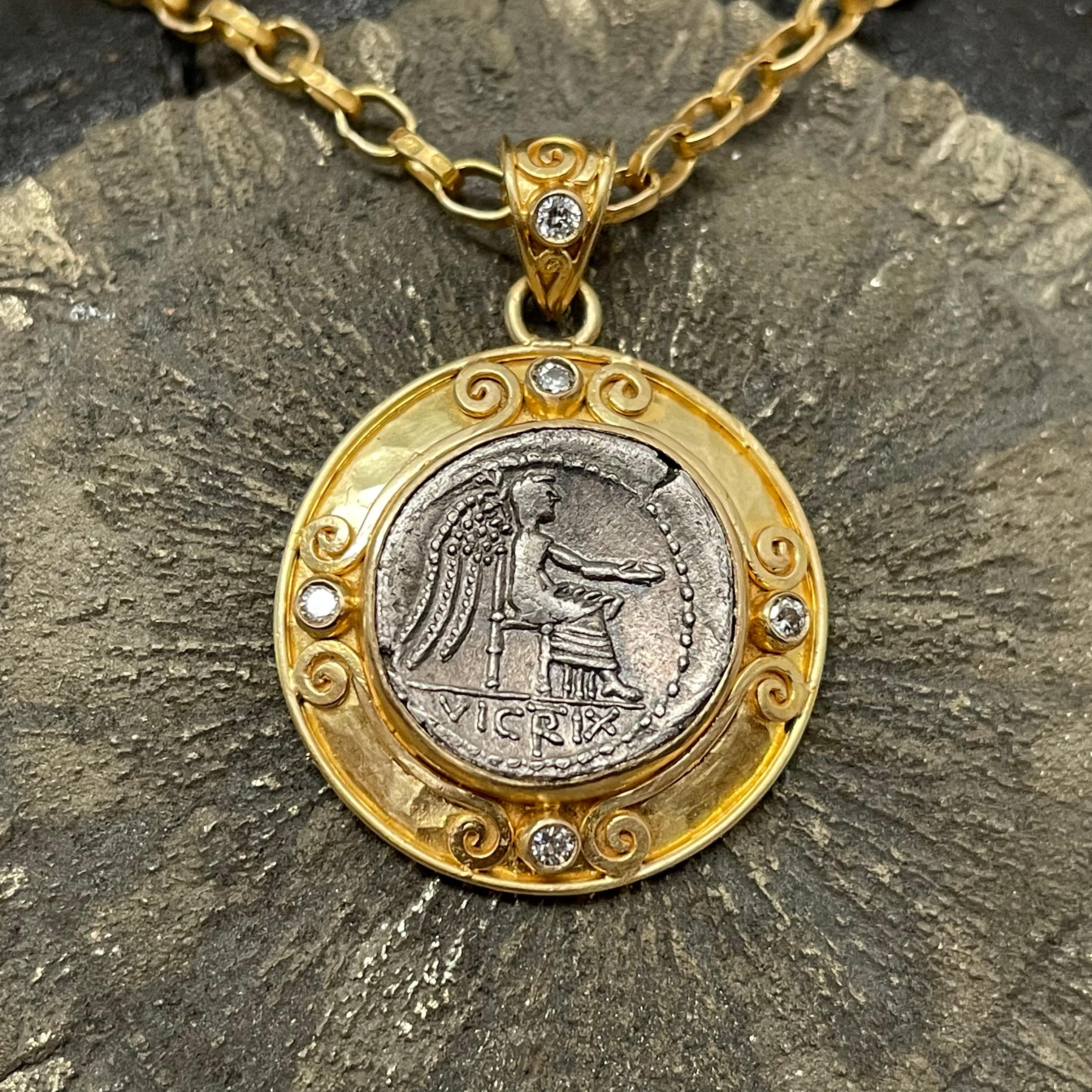 Women's or Men's Ancient Roman 1st Century BC Victoria Coin Diamonds 18K Gold Pendant For Sale