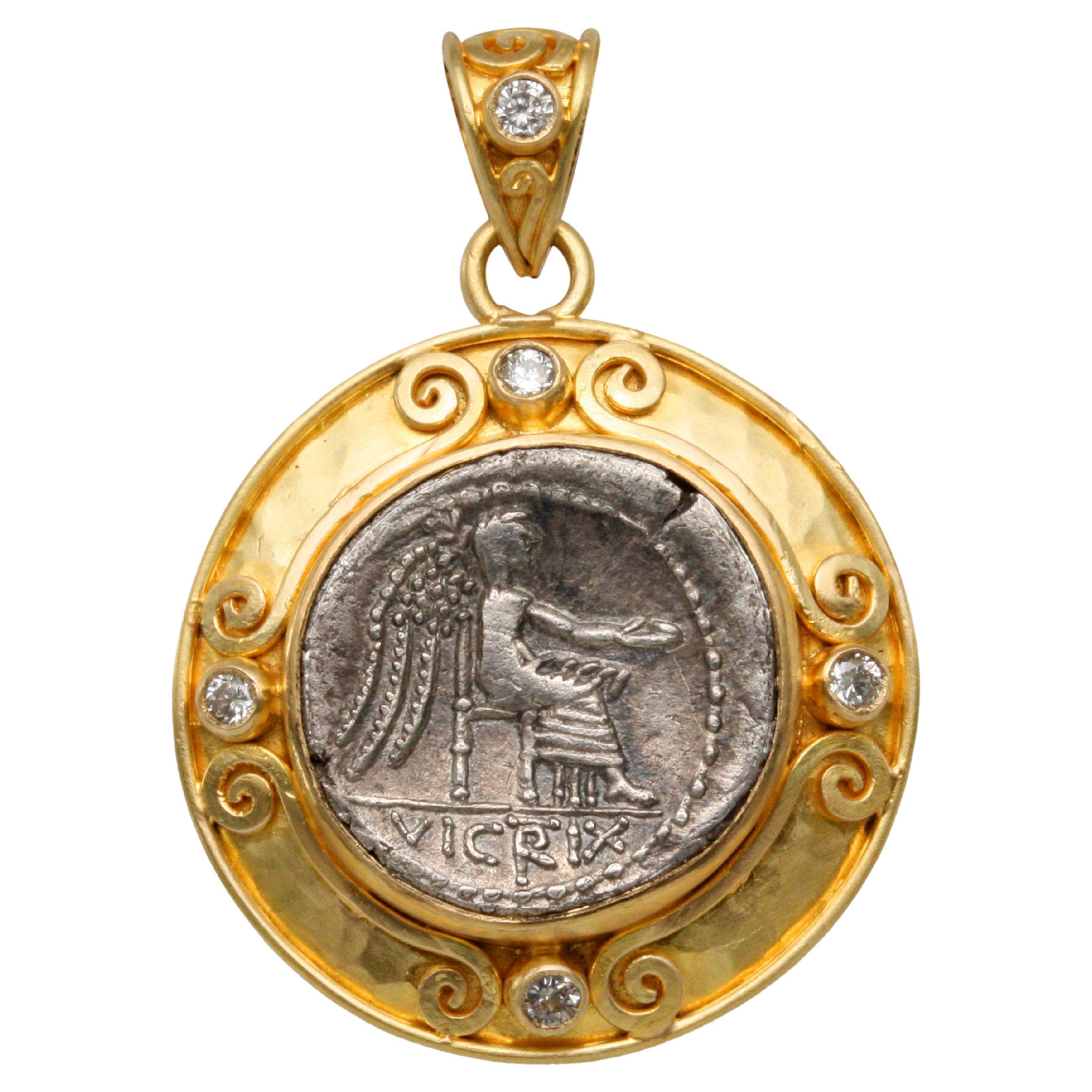 Ancient Roman 1st Century BC Victoria Coin Diamonds 18K Gold Pendant For Sale