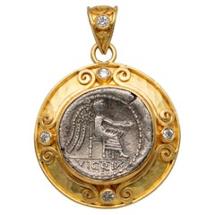 Ancient Roman 1st Century BC Victoria Coin Diamonds 18K Gold Pendant