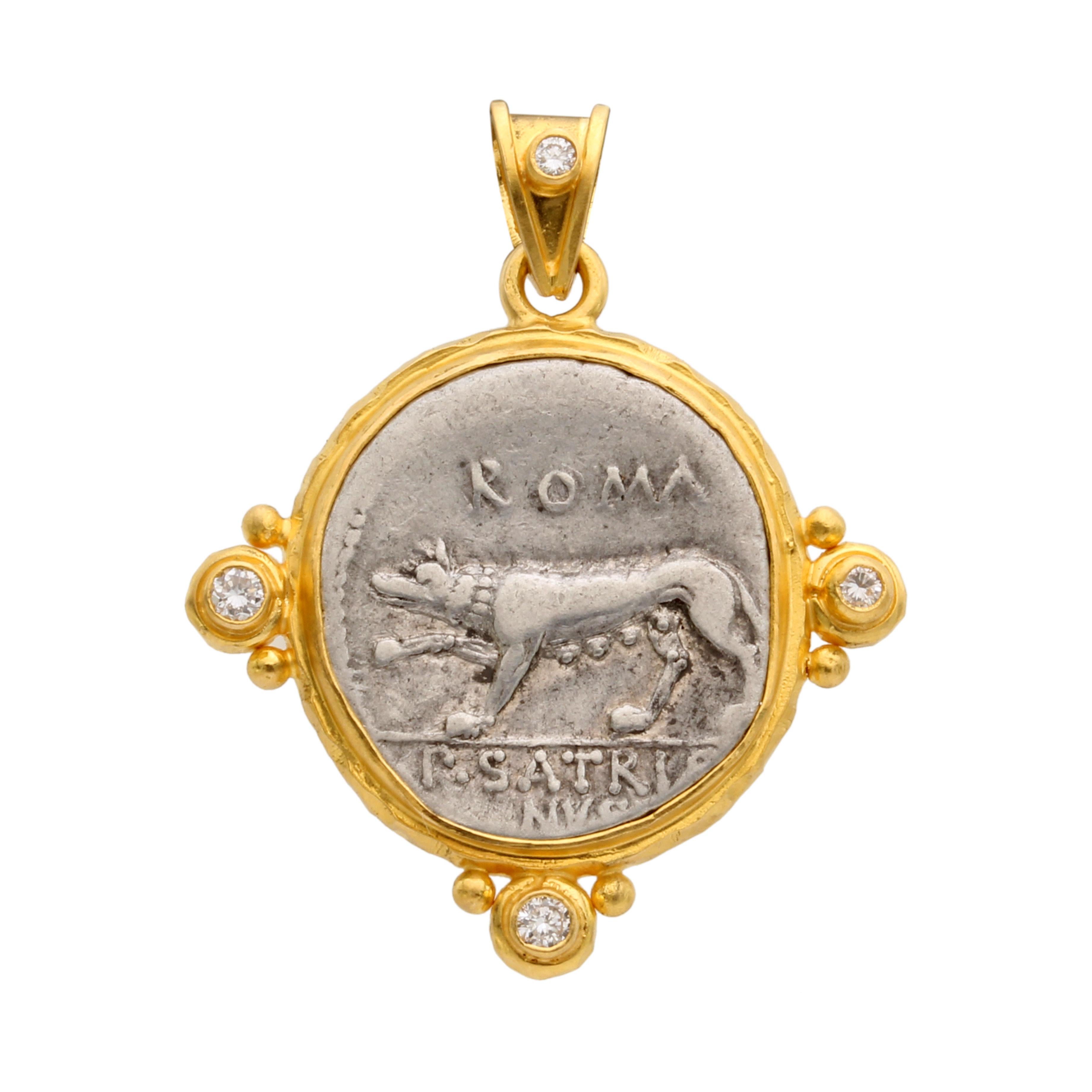 Pendentif en or 18K avec pièce de monnaie du loup de l'Antiquité romaine du 1er siècle avant J.-C. et diamants en vente 2