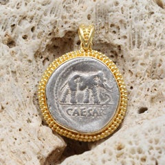 Ancient Roman 1st Century BC Julius Caesar Coin 18K Gold Pendant