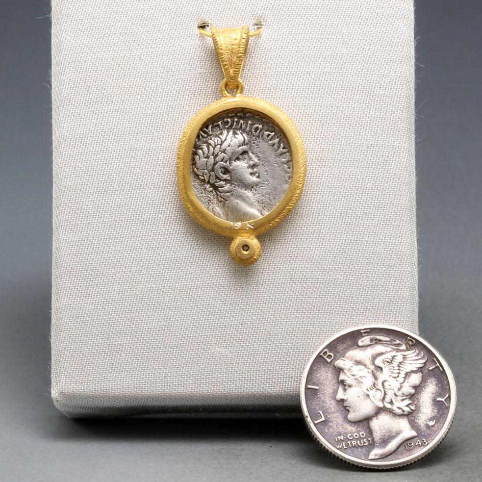Classical Roman Ancient Roman 1st Century Goddess Victoria Coin Diamond 18K Gold Pendant For Sale