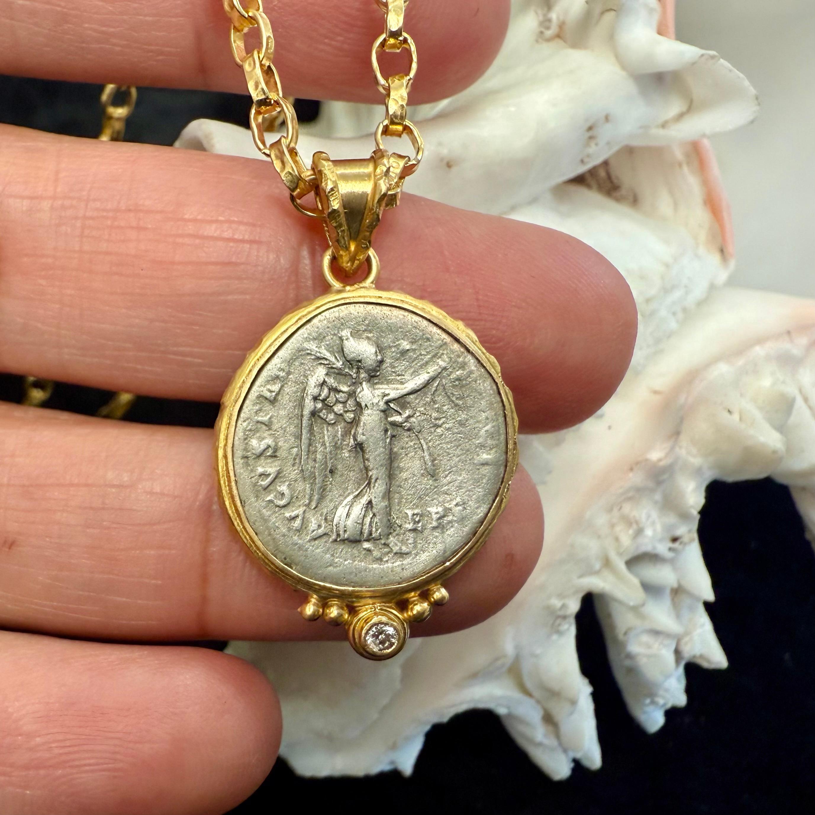 Rose Cut Ancient Roman 1st Century Goddess Victoria Coin Diamond 18K Gold Pendant For Sale