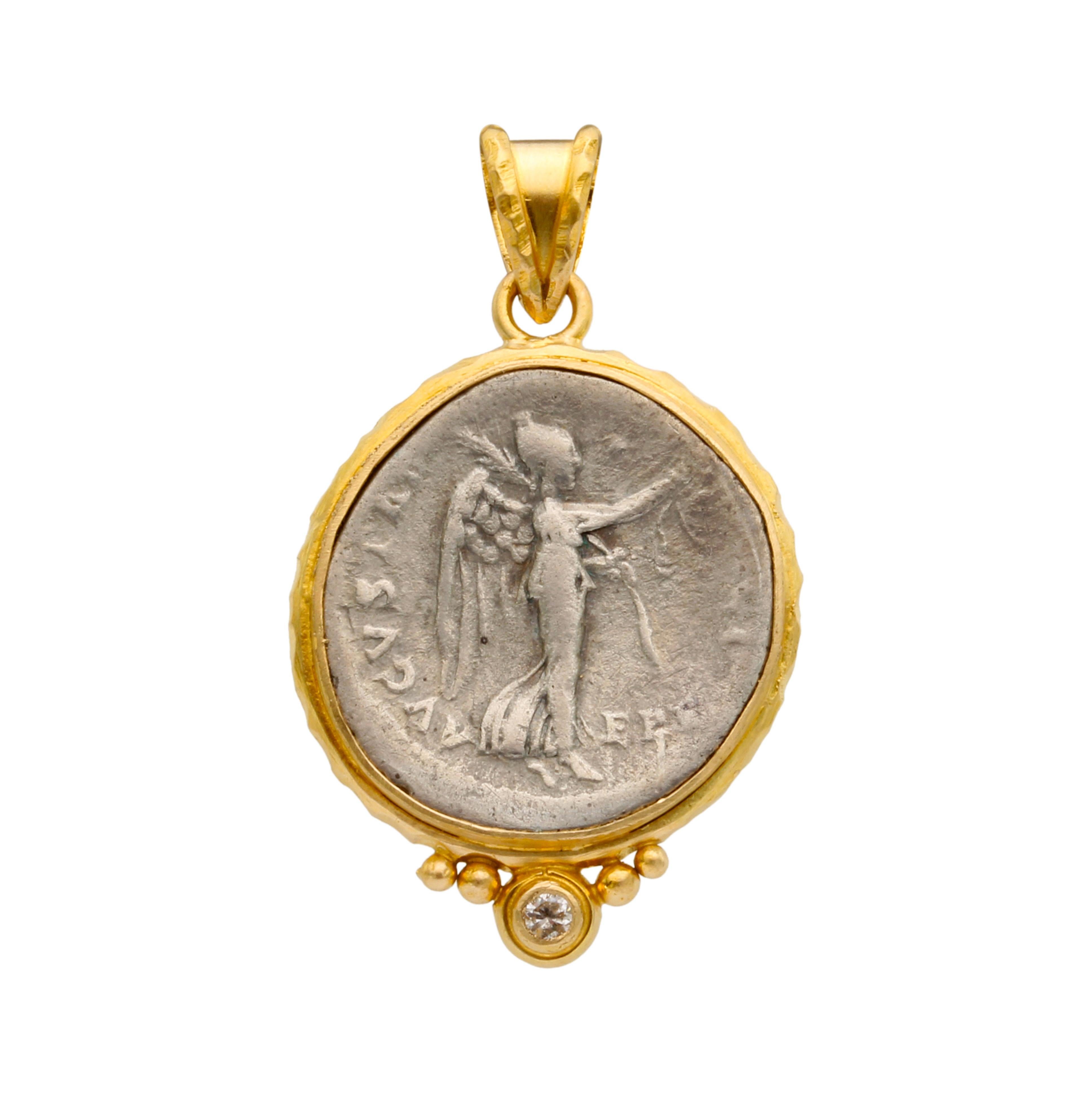 Women's or Men's Ancient Roman 1st Century Goddess Victoria Coin Diamond 18K Gold Pendant For Sale