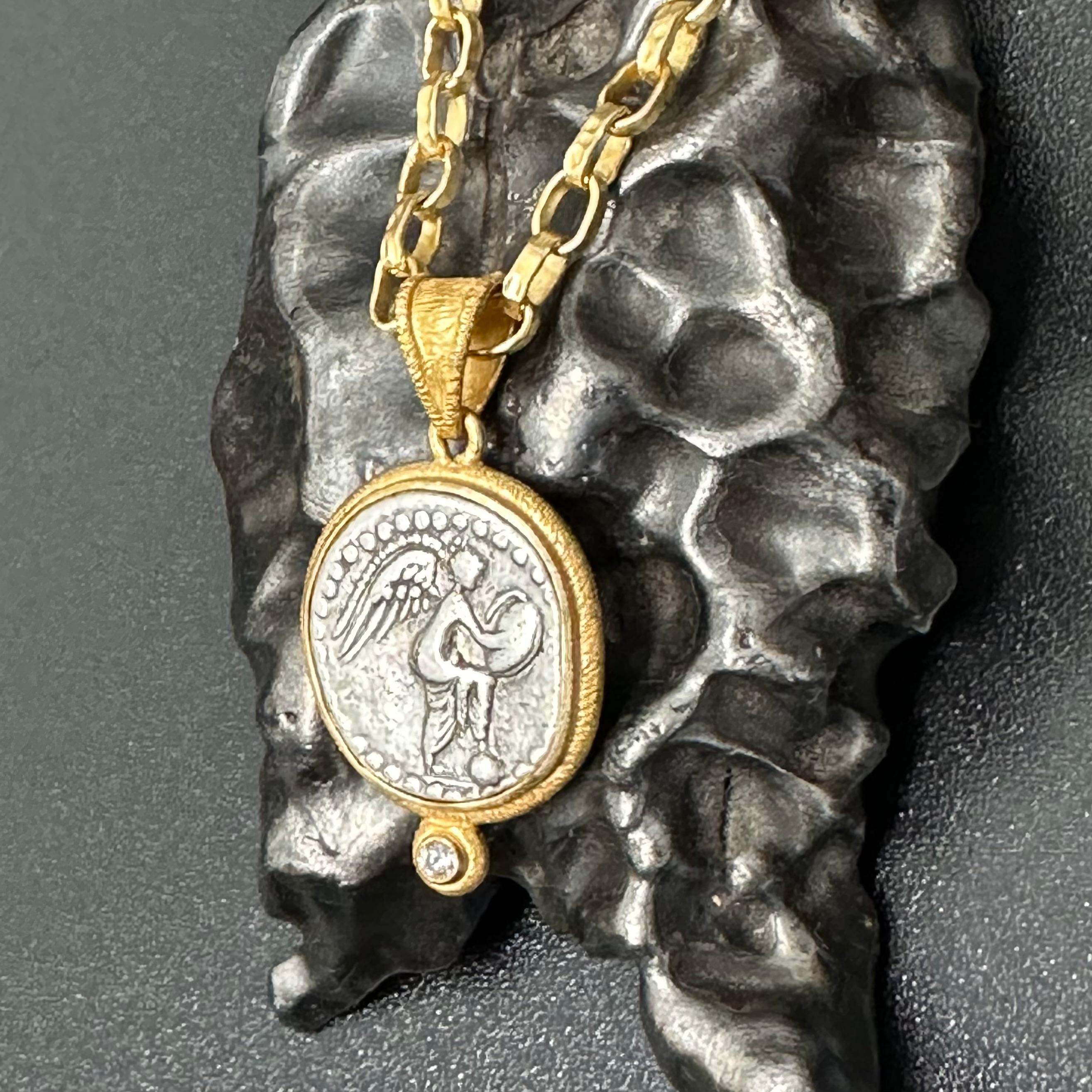 Rose Cut Ancient Roman 1st Century Goddess Victoria Coin Diamond 18K Gold Pendant For Sale