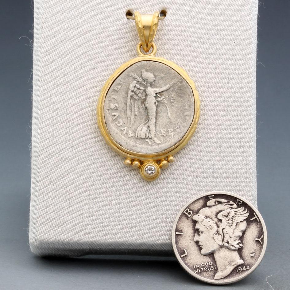 Ancient Roman 1st Century Goddess Victoria Coin Diamond 18K Gold Pendant For Sale 1