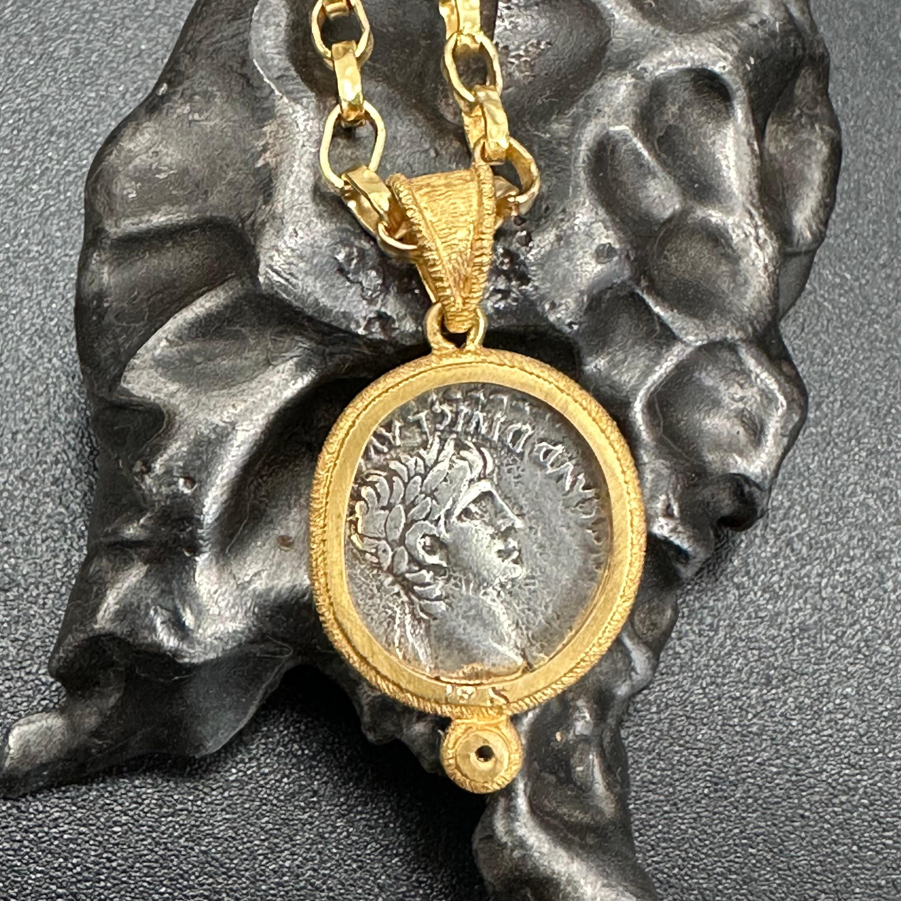 Women's or Men's Ancient Roman 1st Century Goddess Victoria Coin Diamond 18K Gold Pendant For Sale