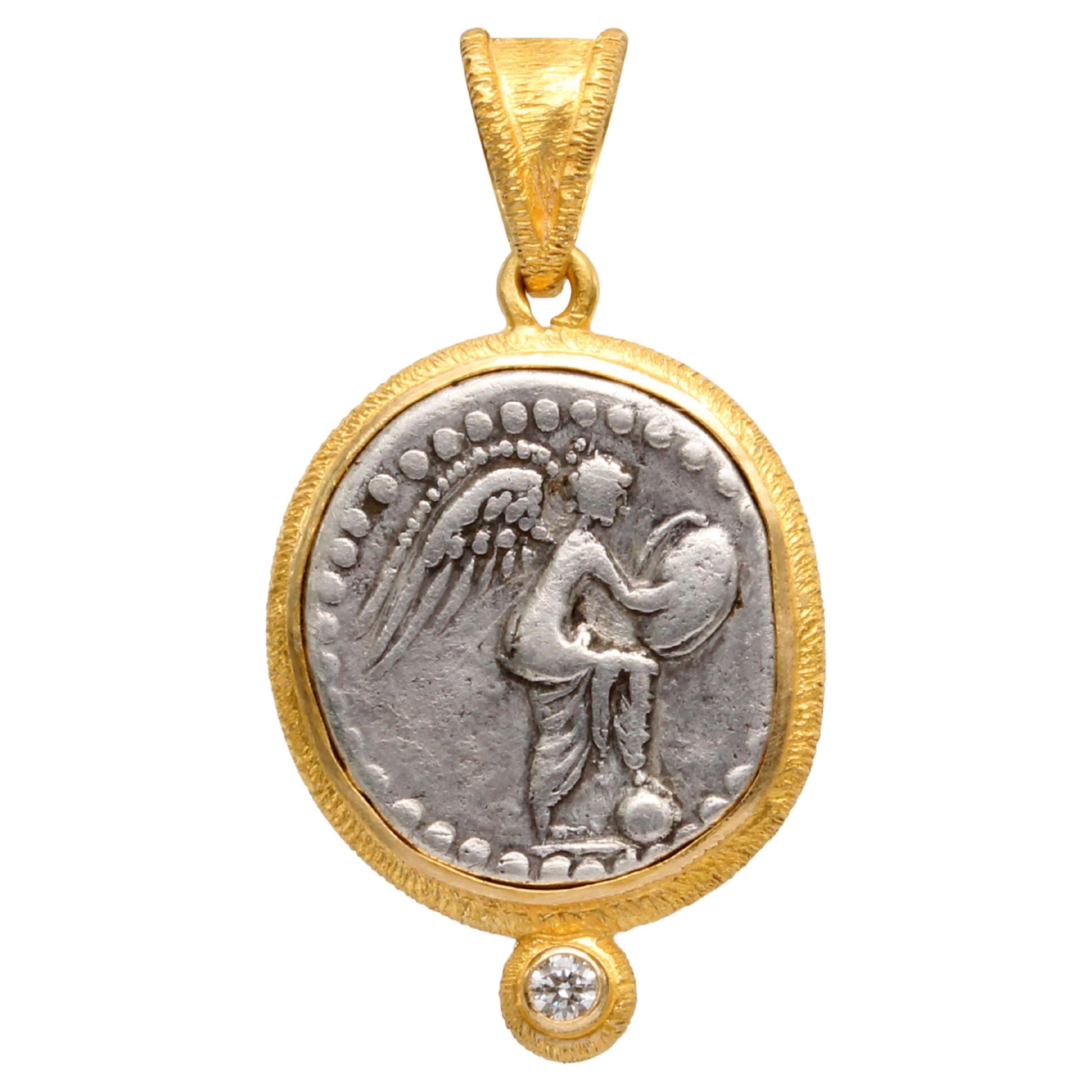 Ancient Roman 1st Century Goddess Victoria Coin Diamond 18K Gold Pendant For Sale