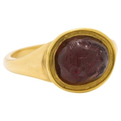 Ancient Roman 1st to 2nd Century Garnet Intaglio Ring Featuring Three Hares