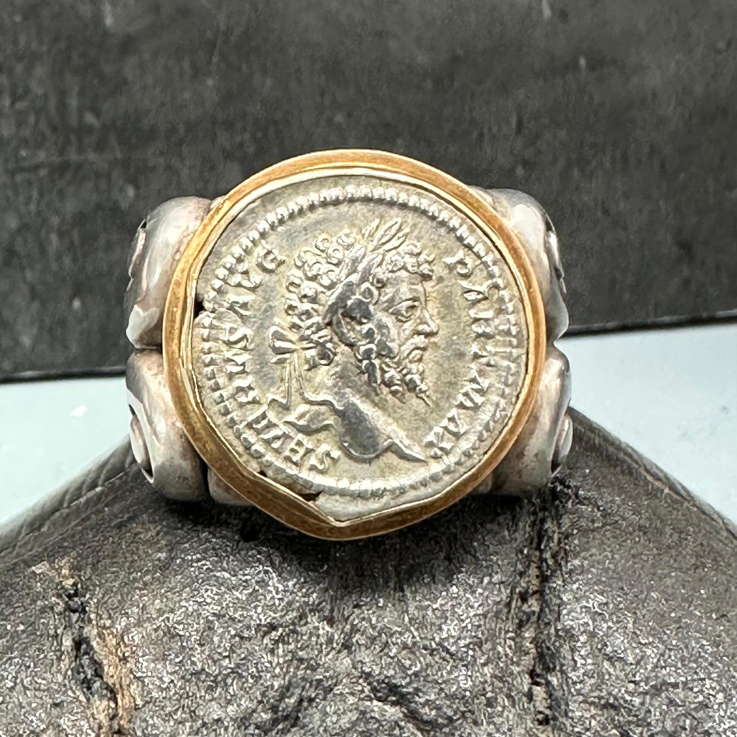 Ancient Roman 2nd Century AD Septimius Severus Coin Sterling 18K Gold Mens Ring For Sale 2