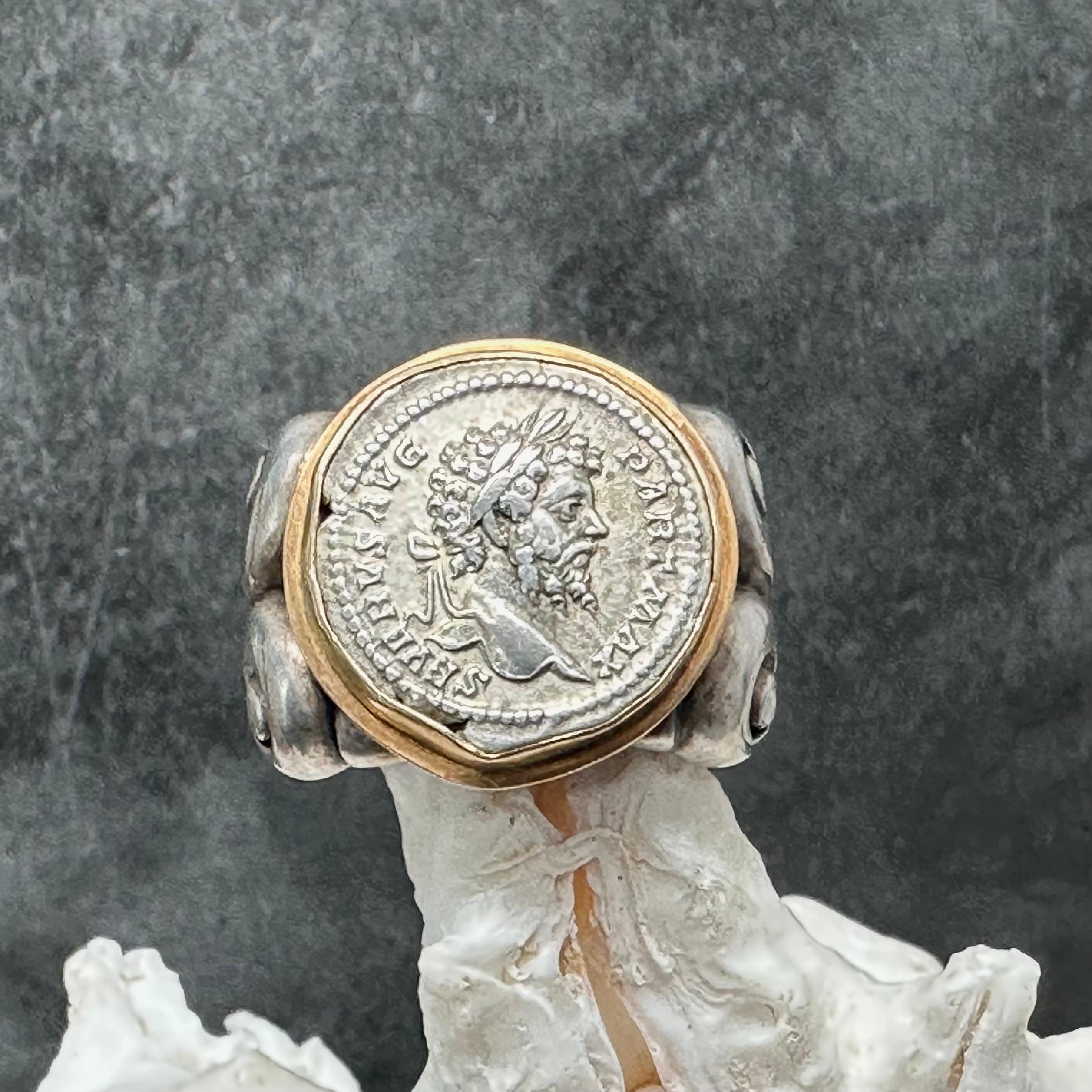 Ancient Roman 2nd Century AD Septimius Severus Coin Sterling 18K Gold Mens Ring For Sale 4
